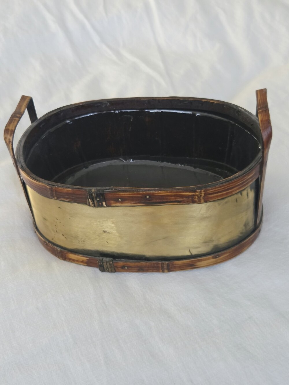 Oval Bamboo & Brass Planter with Handles And Plastic Liner